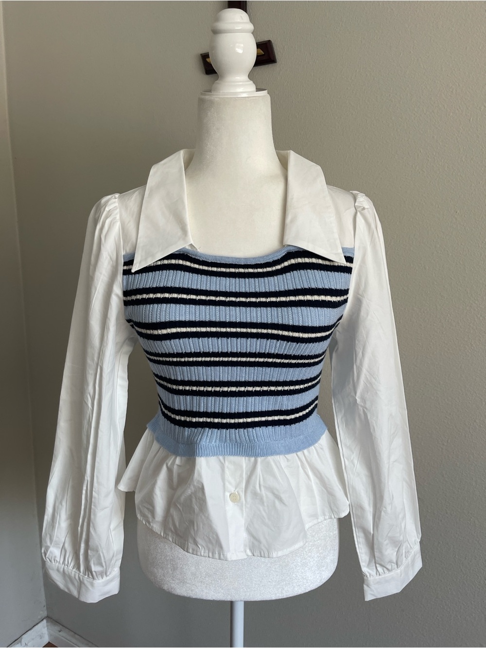 Egg White Button-Down with Blue & Black Striped Knit Overlay